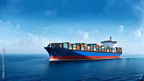 Cargo ship full of containers traveling on the sea, Red Sea crisis, shipping industry
