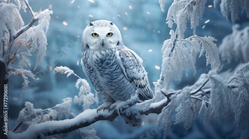a white owl sitting on a branch with snow on it