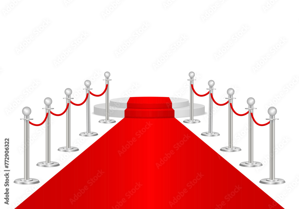 Vip Quee Stand Red carpet and path barriers 3d. VIP event, luxury celebration. Gold ...