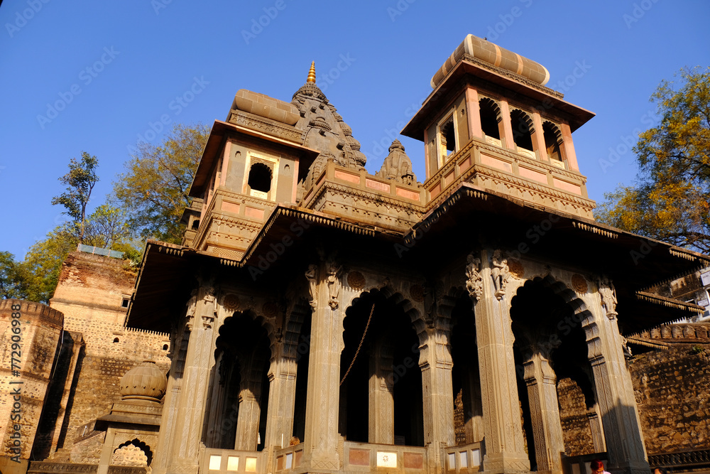 24 February 2024, Exterior View of the scenic tourist landmark Maheshwar fort in Madhaya pradesh in India.This monument is on the banks of the Narmada River.