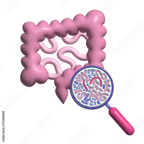 3d render Abstract human intestine and magnifier. Gut microbiome concept. SIBO, leaky gut syndrome and candida growth. Volume illustration isolated. © LanaSham