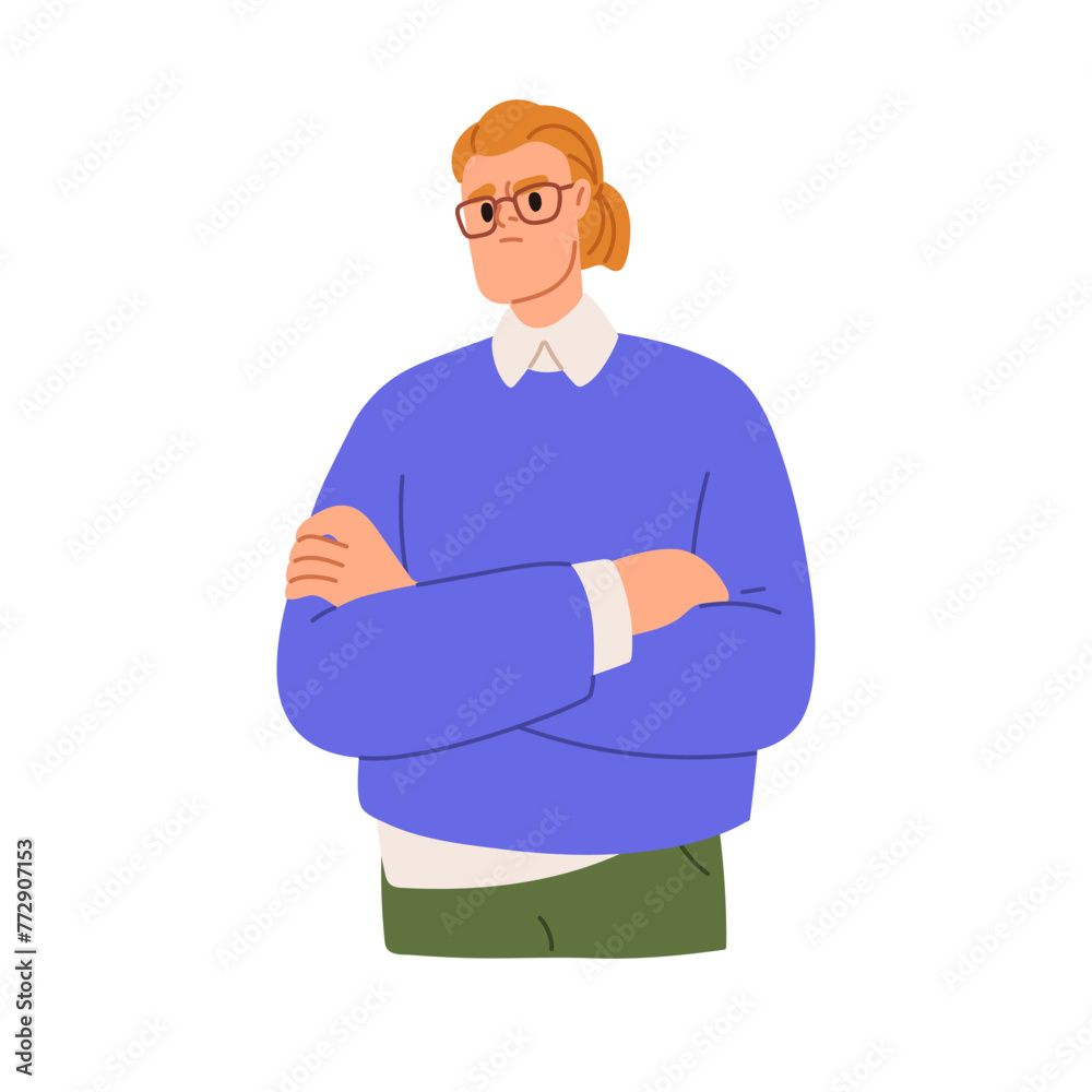 Suspicious doubting man, serious skeptical face expression. Confused puzzled employee thinking, contemplating. Doubtful sceptic pensive emotion. Flat vector illustration isolated on white background - obrazy, fototapety, plakaty 