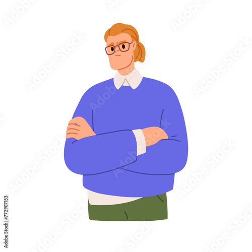 Suspicious doubting man, serious skeptical face expression. Confused puzzled employee thinking, contemplating. Doubtful sceptic pensive emotion. Flat vector illustration isolated on white background