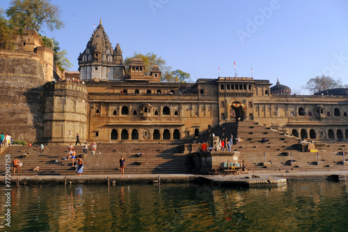 24 February 2024, Exterior View of the scenic tourist landmark Maheshwar fort in Madhaya pradesh in India.This monument is on the banks of the Narmada River. photo