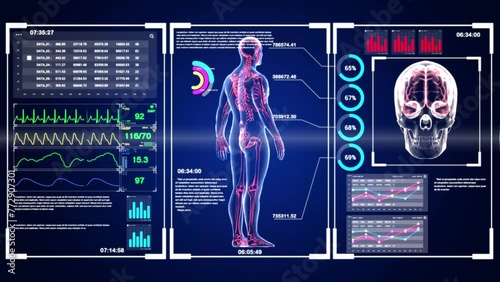 A computer monitor displays a human body with a heart and a skeleton. The image is in blue and red colors and has a futuristic feel to it