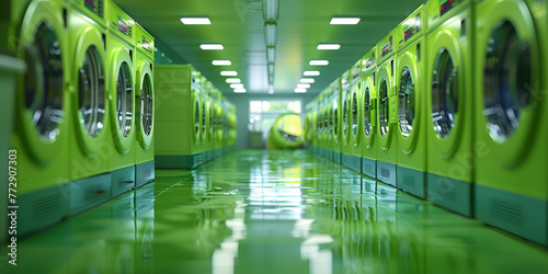 Green washing and laundry concept with rows of green laundry machines in environmental friendly laundromat. generative ai 