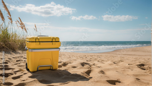 A portable cooler sits on a beautiful sandy beach near the ocean. Picnic by the sea.