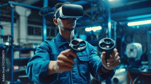In a car workshop, a specialist is wearing a virtual reality headset and holding two joysticks while the mechanic investigates the problem with future technology. A mechanic in a modern workshop is