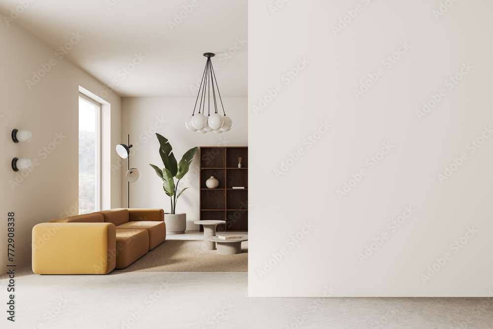 White living room interior with couch and blank wall - obrazy, fototapety, plakaty 