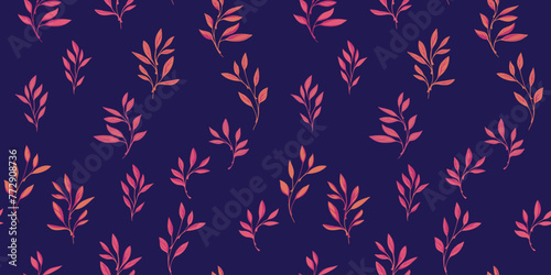 Colorful abstract tiny leaves branches seamless pattern on a dark blue background. Vector hand drawn. Minimalist isolate leaf stems printing. Template for designs, collage, patterned