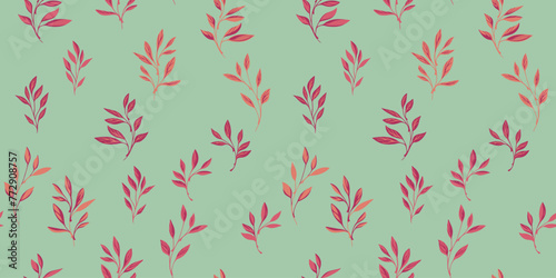 Abstract tiny isolate leaves branches green seamless pattern. Vector hand drawn. Minimalist leaf stems printing. Template for designs, collage, patterned