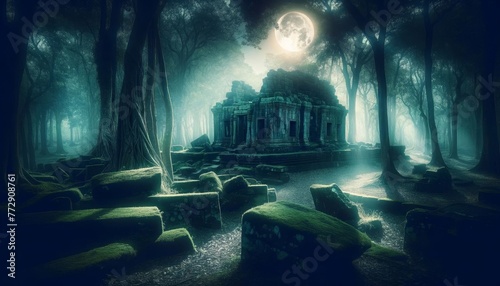 Mystical Ancient Ruins in Moonlit Forest