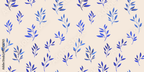 Abstract blue tiny leaves branches seamless pattern. Vector hand drawn sketch. Minimalist isolate leaf stems light printing. Template for designs, collage, patterned