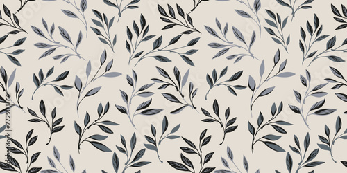 Abstract, artistic tiny leaves stems tiny seamless pattern. Elegance grey leaf branches printing. Nature botanical patterned. Vector hand drawn. Template for designs, collage