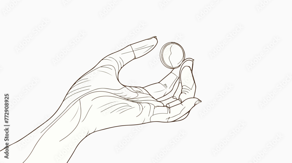Hand holding a coin in line art style on a white background
