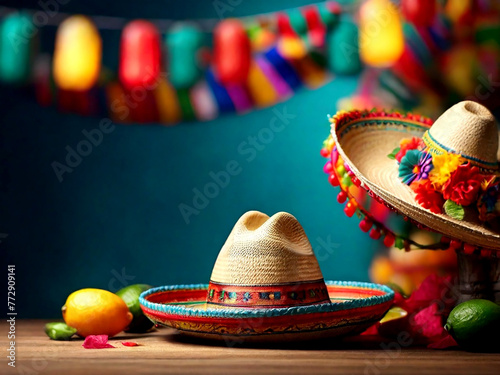 Cinco de mayo maxican hat and cactus watercolor background photo