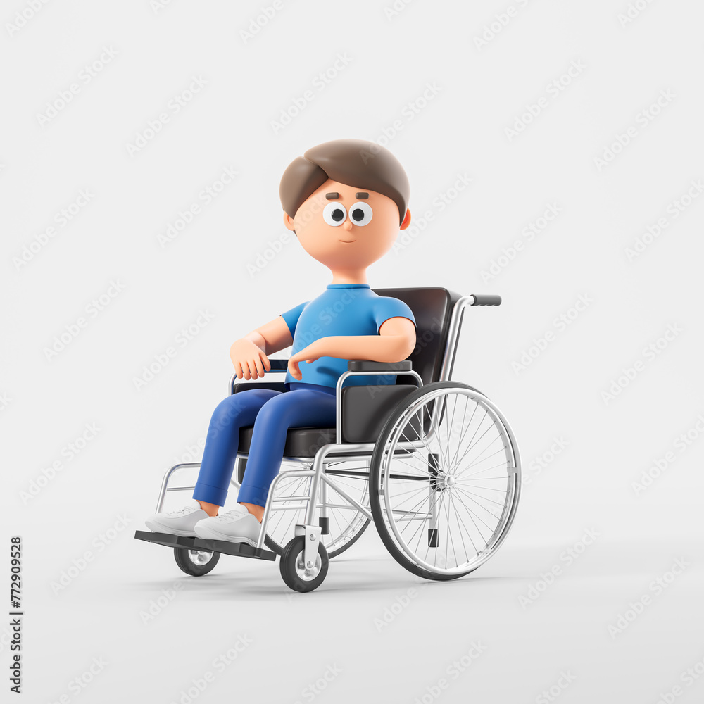 Smiling cartoon man sitting in wheelchair, side view Smiling cartoon man sitting in wheelchair, side view