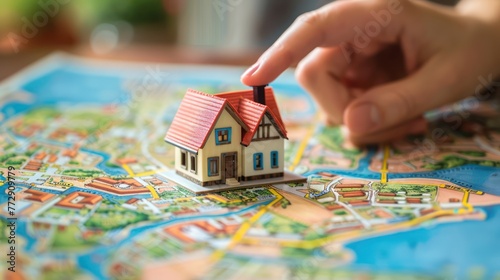A hand holding a tiny house model while pointing towards a map, indicating location selection for a new home. 