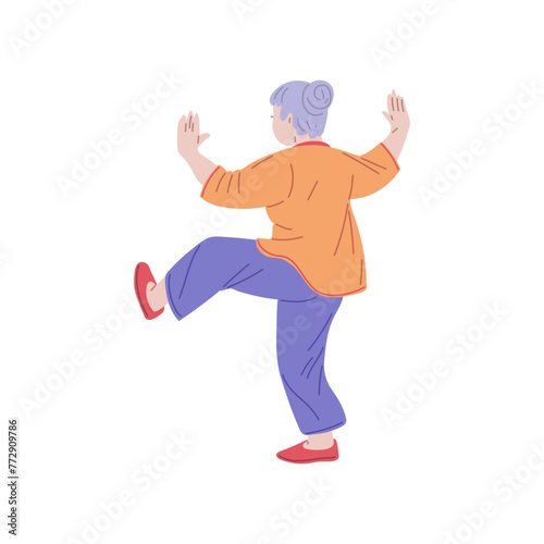Tai Chi Chinese gymnastic practice, elderly woman exercising for healthy body, flexibility and wellness isolated vector