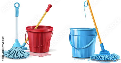 Realistic 3d rag mop and plastic bucket