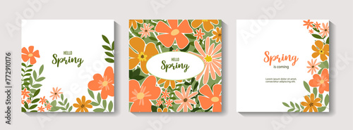 Set of spring or summer banners with flowers, leaves. Editable vector template for greeting card, poster, banner, invitation, social media post. Summer sale. Spring sale