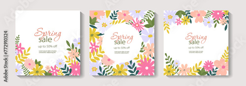 Set of spring or summer banners with flowers, leaves. Editable vector template for greeting card, poster, banner, invitation, social media post. Summer sale. Spring sale