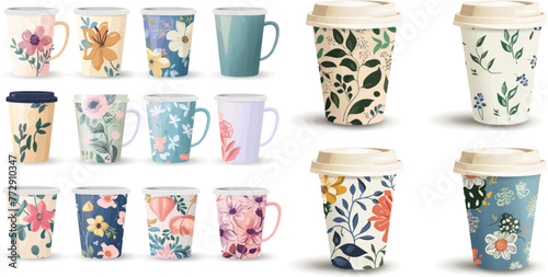 Side view paper go-cup with modern flower patterns. Colorful porcelain vector set