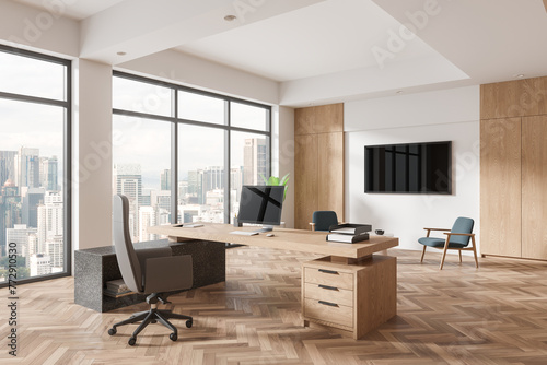 Photography Wooden office interior with work desk, chill zone and panoramic window