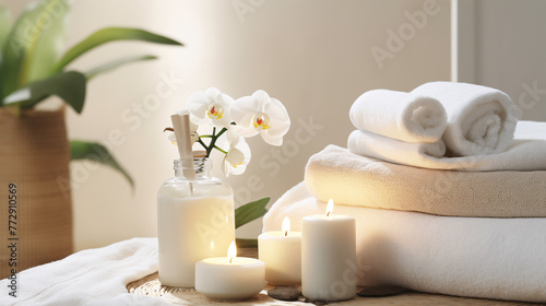 a white candle next to a stack of towels