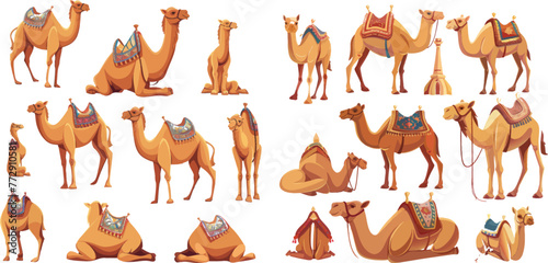 Arabian pet for ride with decorated seat in various positions, lying, standing