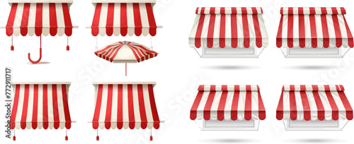Red and white market umbrella. Front tent roof for shop showcase designs vector set