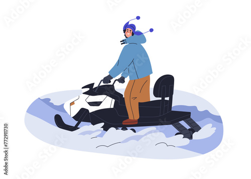 Riding snowmobile. Happy character driving snow mobile. Motor sleigh rider, extreme vehicle, transport for adventure, travel in cold frost. Flat vector illustration isolated on white background