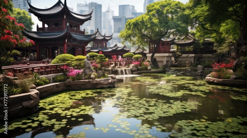 Peaceful garden with magnificent ancient architectural buildings, with a cool and beautiful garden pond in the background photo