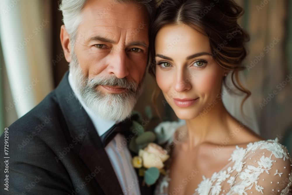 A middle-aged husband and wife stand together on their wedding day. The man is wearing a suit and the woman is wearing a white wedding dress A middle-aged husband and wife stand together on their wedding day. The man is wearing a suit and the woman is wearing a white wedding dress
