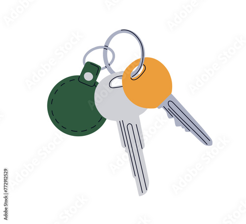 Door key ring, chain with hanging bunch from metal and leather. Home keychain, keyring. Apartment keyholder, unlocking accessories, trinket. Flat vector illustration isolated on white background
