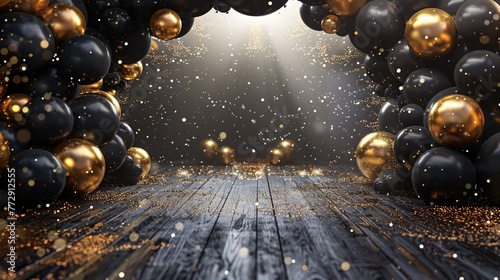Golden Glow A Black and White Photo of a Ballroom with Gold Balls and Balloons Generative AI