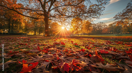 A peaceful meadow blanketed with fallen leaves, with the sun peeking through the trees, creating a magical autumn morning scene. Good morning!