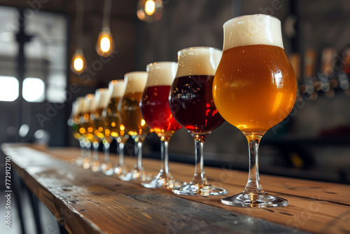 A row of beer glasses lined up neatly on top of a wooden table. The glasses are filled with various types of beer, showcasing a selection of high-quality brews for customers to enjoy