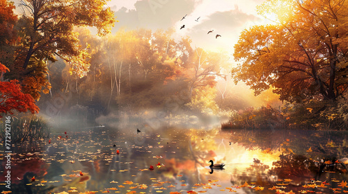 A tranquil pond surrounded by vibrant autumn foliage, with ducks gliding gracefully across the water, greeting the day with serenity. Good autumn morning! © Евгений Архипов