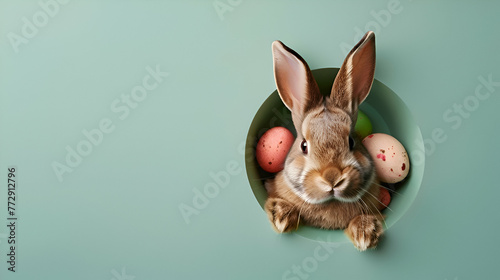 Easter bunny peeking from a broken wall hole and easter eggs design concept on a pastel background 