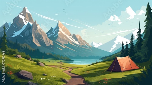 Landscape illustration design, with a background of icebergs, lakes, mountains, campsites and grasslands photo