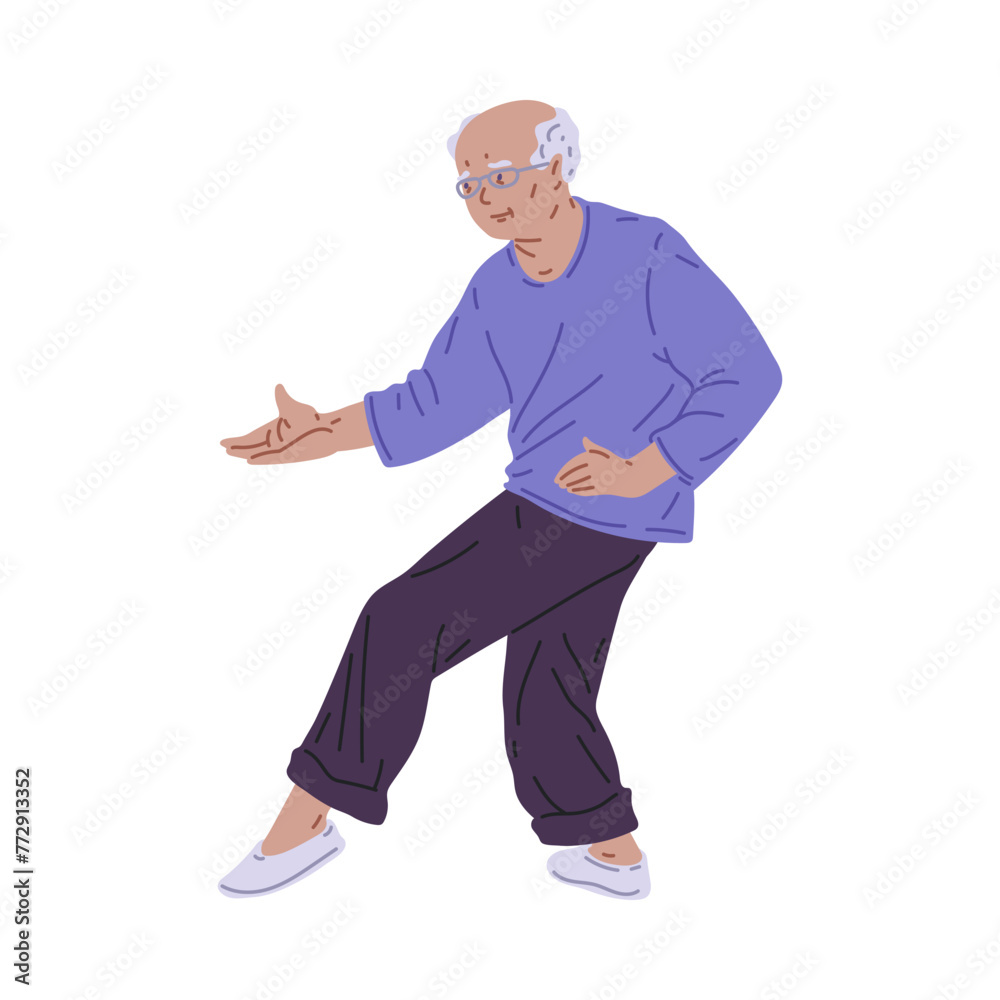 Vector illustration on a white background with an elderly man with glasses practicing tai chi Vector illustration on a white background with an elderly man with glasses practicing tai chi