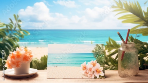 Illustration of a chair on the beach with a cloudy blue sky and palm trees.