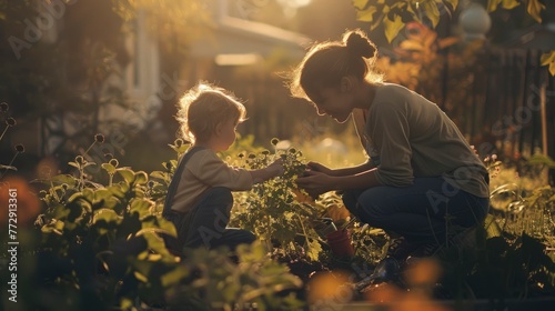 Mother Teaching Her Child About Plants in the Soft Evening Light