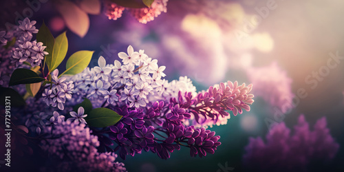 Branch of lilac flowers on a background of spring nature.  Lilac flowers in the garden. Spring blossom. Beautiful floral background for decoration  banner and greeting card for Birthday  Mother s Day