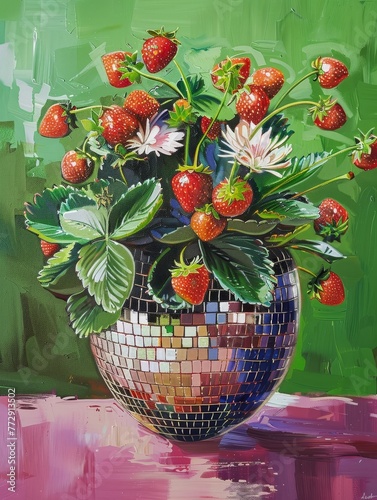 Oil painting of strawberry plant in disco ball vase, AI generated