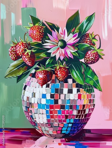 Oil painting of strawberry plant in disco ball vase, AI generated