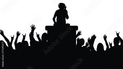 Dj with a Dancing Crowd Silhouettes Isolated. Music and entertainment industry concept vector
