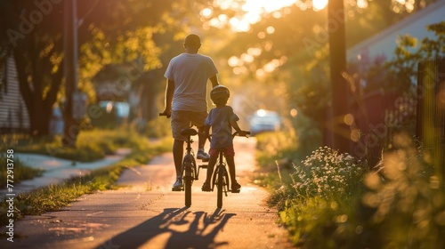 Father and Son Riding Bikes Together During Golden Sunset