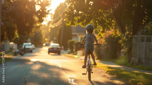 Child Enjoying a Peaceful Bike Ride on a Suburban Street at Sunset